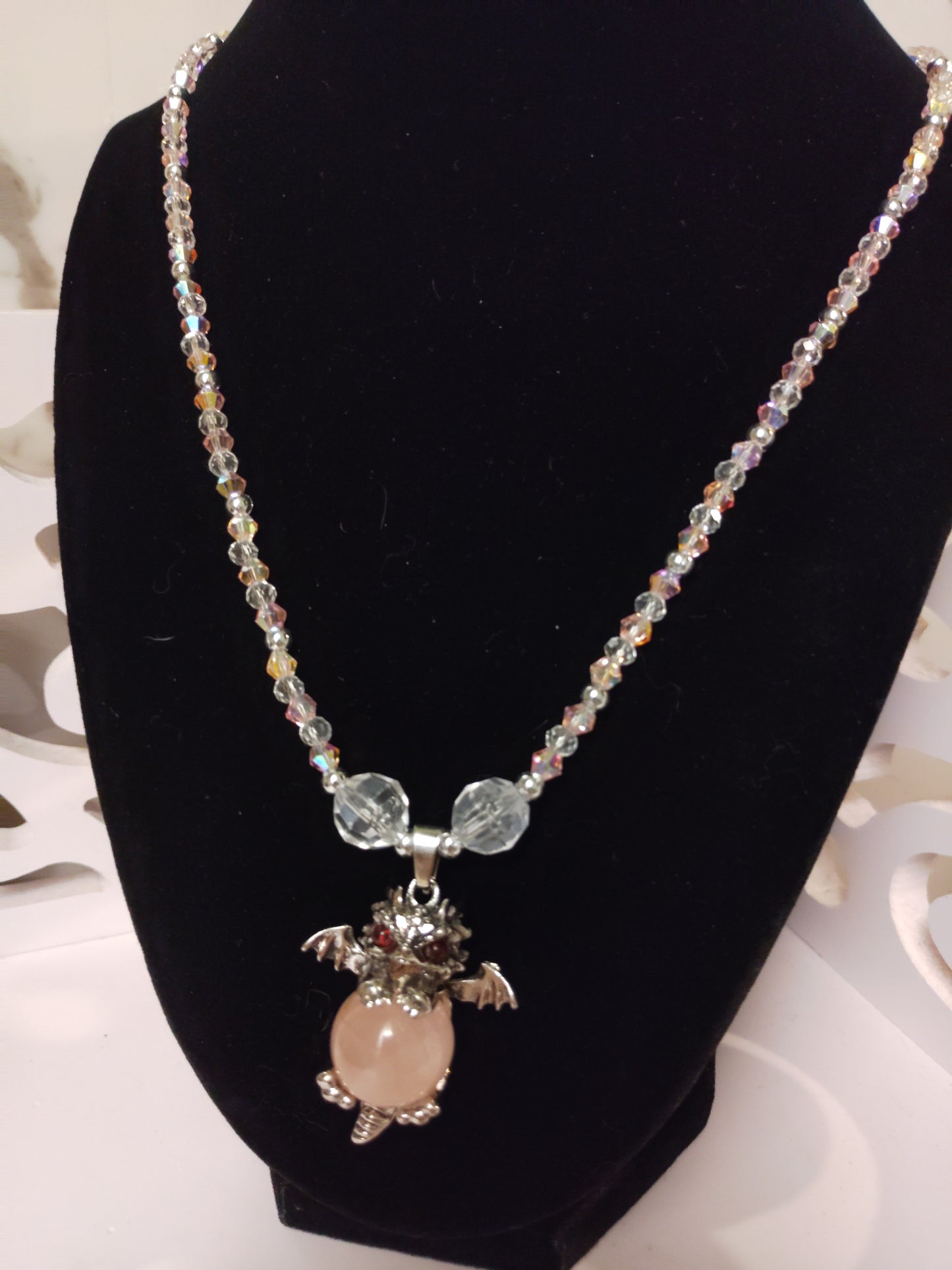 Rose Quartz with Pink and Clear Glass Beads Baby Dragon Necklace