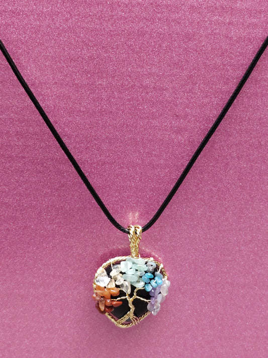 Black Obsidian with 7 Chakra Heart Necklace