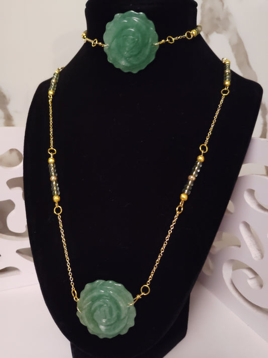 Green Aventurine Rose Necklace and Bracelet Set