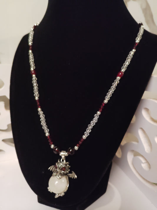 Milky Quartz with Red Wine Glass Beads Baby Dragon Necklace
